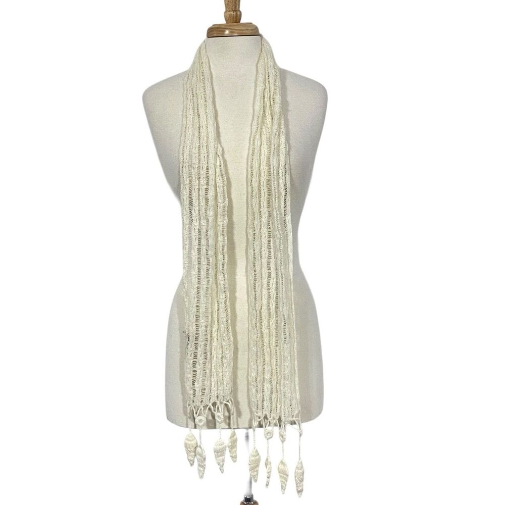 PERUVIAN Peru IVORY Alpaca WOVEN Knitted Scarf 74x7 Open Weave TASSLE